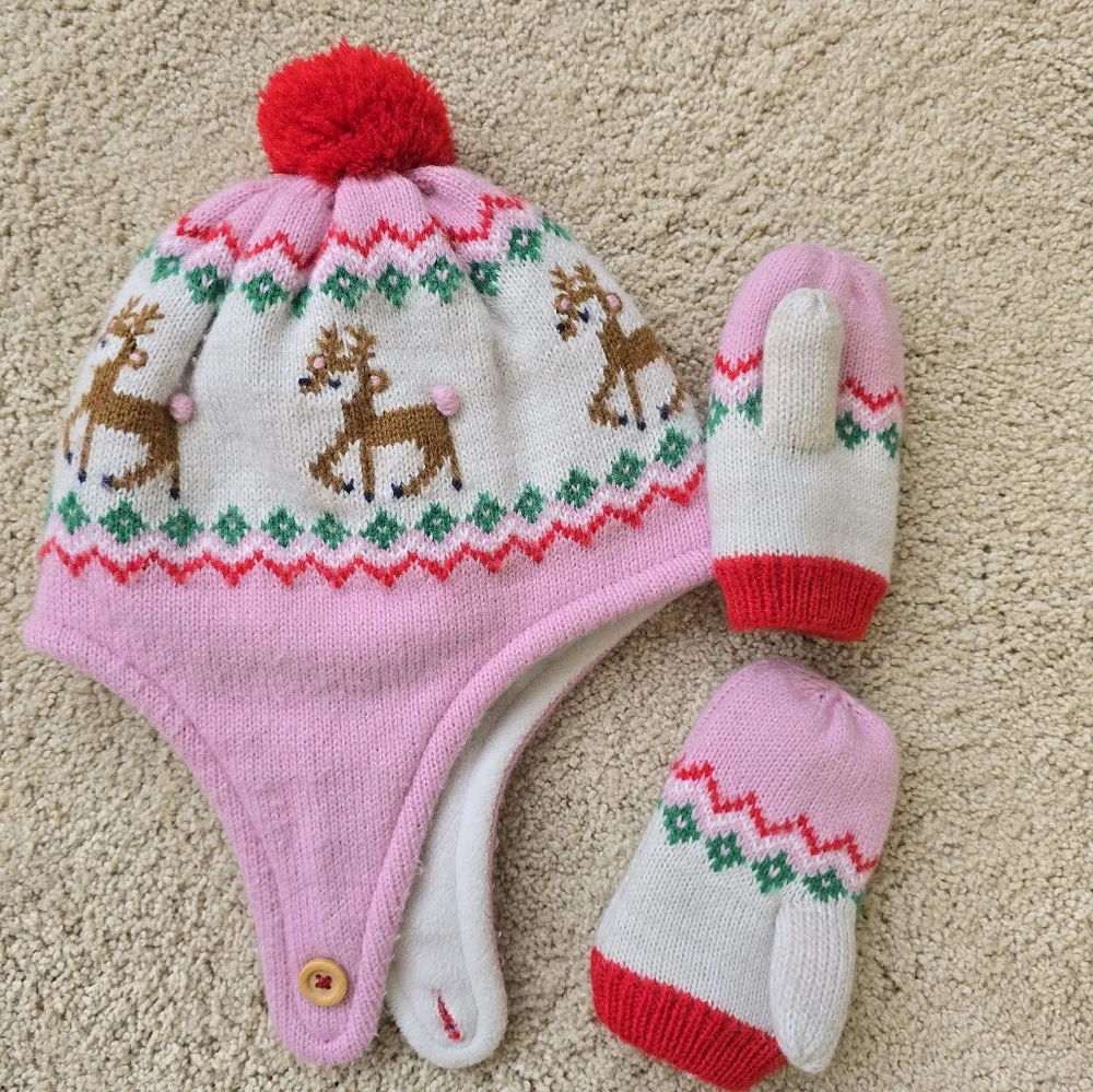 Boden Kids Reindeer Knit Hat and Mittens - Pink and Red